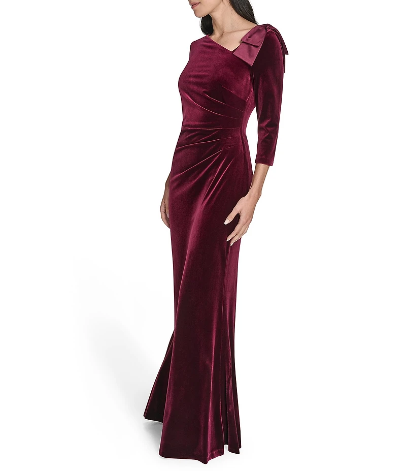 Jessica Howard Velvet Asymmetrical Neckline Bow Shoulder Gown