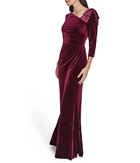 Jessica Howard Velvet Asymmetrical Neckline Bow Shoulder Gown