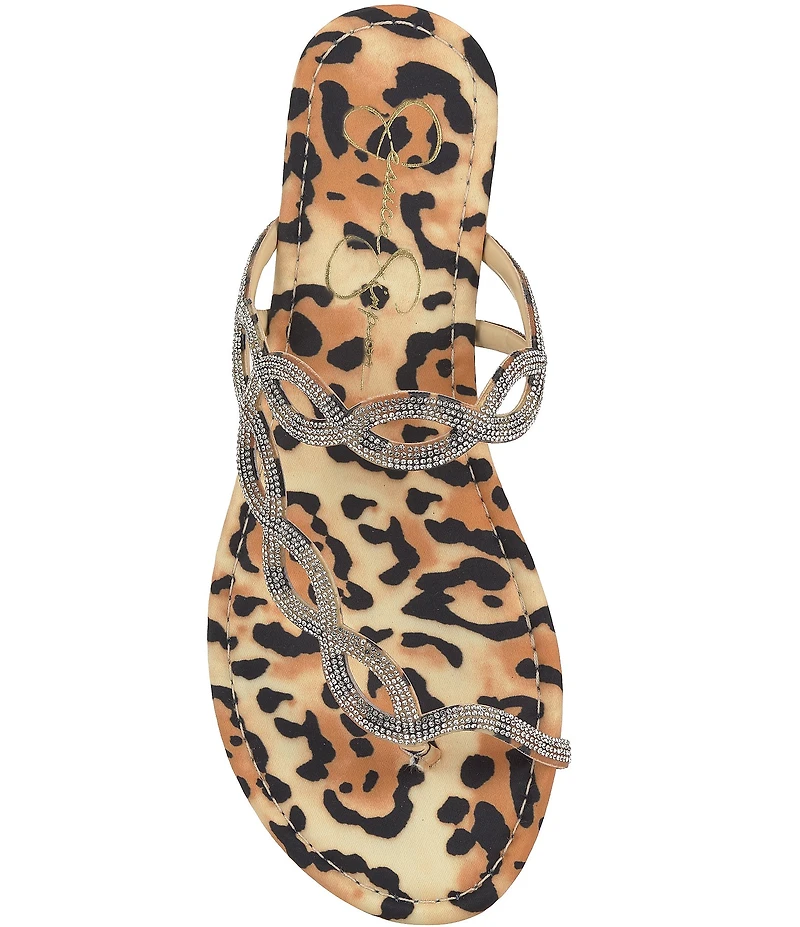 Jessica Simpson Aloni Rhinestone Embellished Leopard Print Flat Sandals