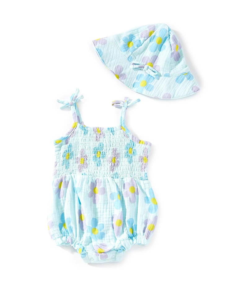 Jessica Simpson Baby Girls Floral Printed Smocked Tie Shoulder Bubble Ruffle & Sun Hat Set