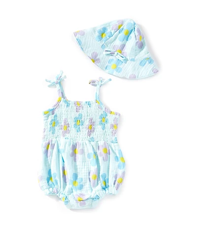 Jessica Simpson Baby Girls Floral Printed Smocked Tie Shoulder Bubble Ruffle & Sun Hat Set