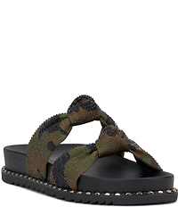 Jessica Simpson Caralyna Camo Rhinestone Banded Knot Studded Slide Sandals