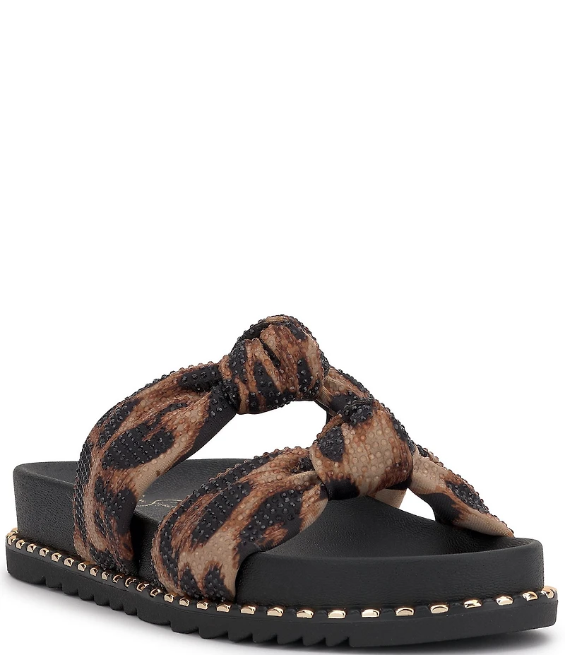 Jessica Simpson Caralyna Leopard Rhinestone Banded Knot Studded Slide Sandals