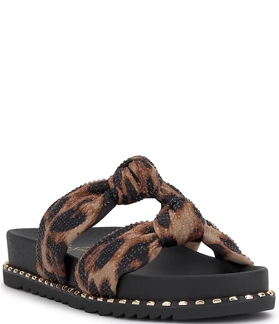 Jessica Simpson Caralyna Leopard Rhinestone Banded Knot Studded Slide Sandals