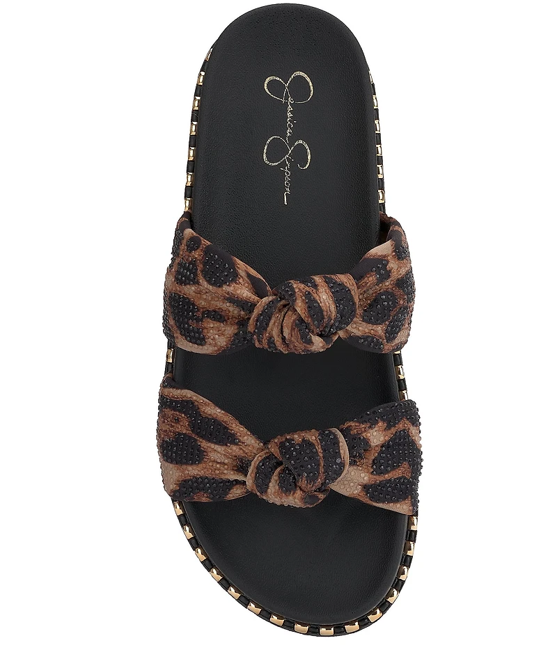 Jessica Simpson Caralyna Leopard Rhinestone Banded Knot Studded Slide Sandals