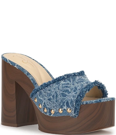 Jessica Simpson Cezia Denim Frayed Studded Detail Platform Block Heel Sandals