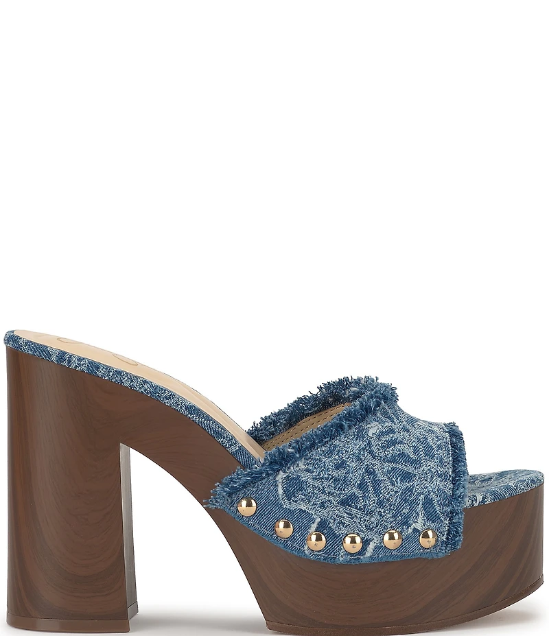 Jessica Simpson Cezia Denim Frayed Studded Detail Platform Block Heel Sandals