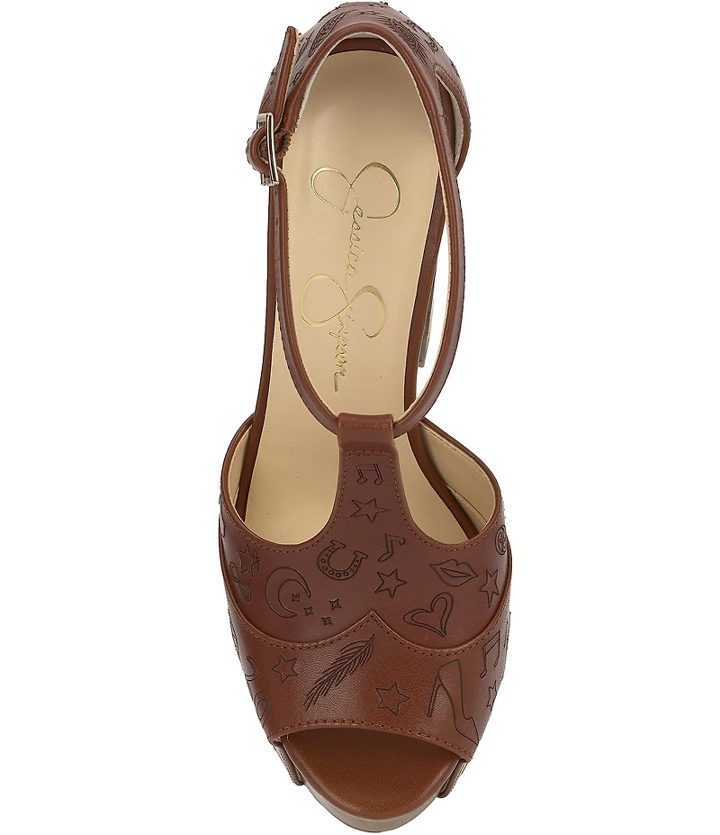 Jessica Simpson Dany Graphic Leather Peep Toe T-Strap Platform Pumps