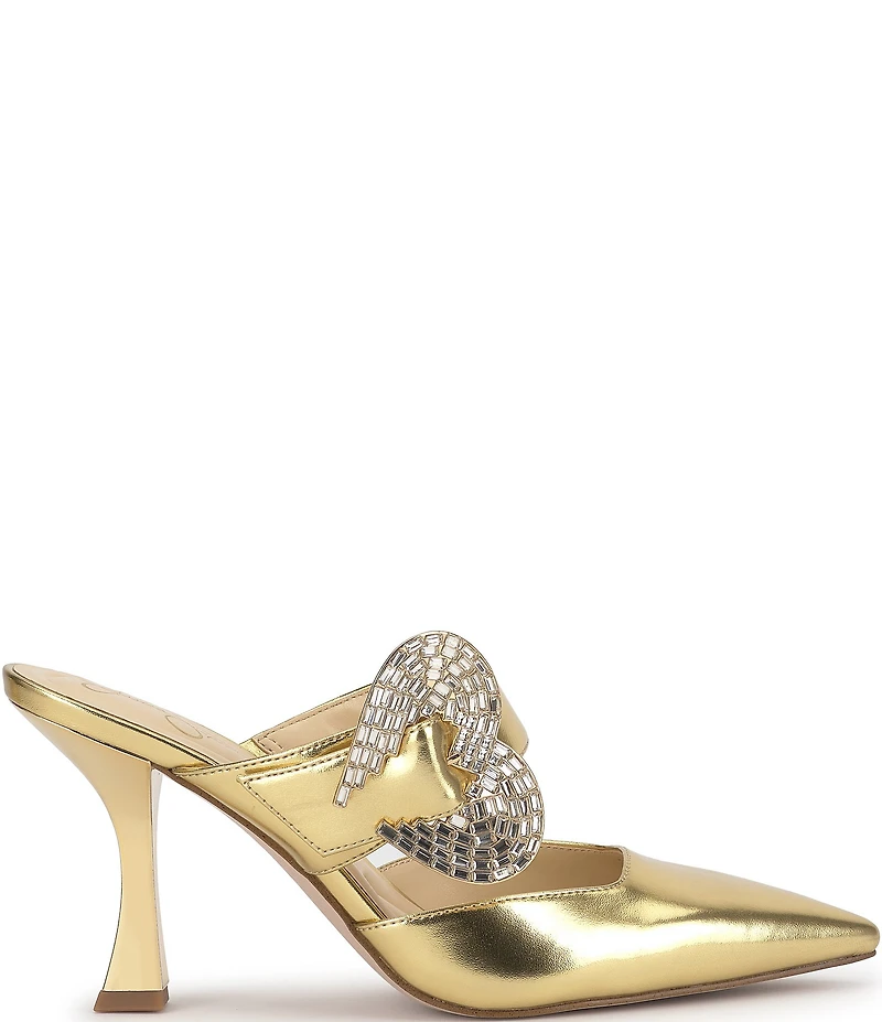 Jessica Simpson Favica Metallic Embellished Heart Buckle Dress Mules