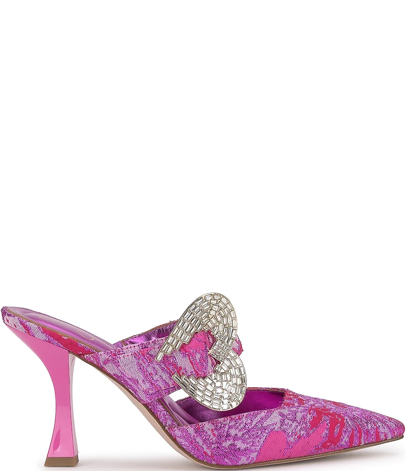 Jessica Simpson Favica Printed Embellished Heart Buckle Dress Mules