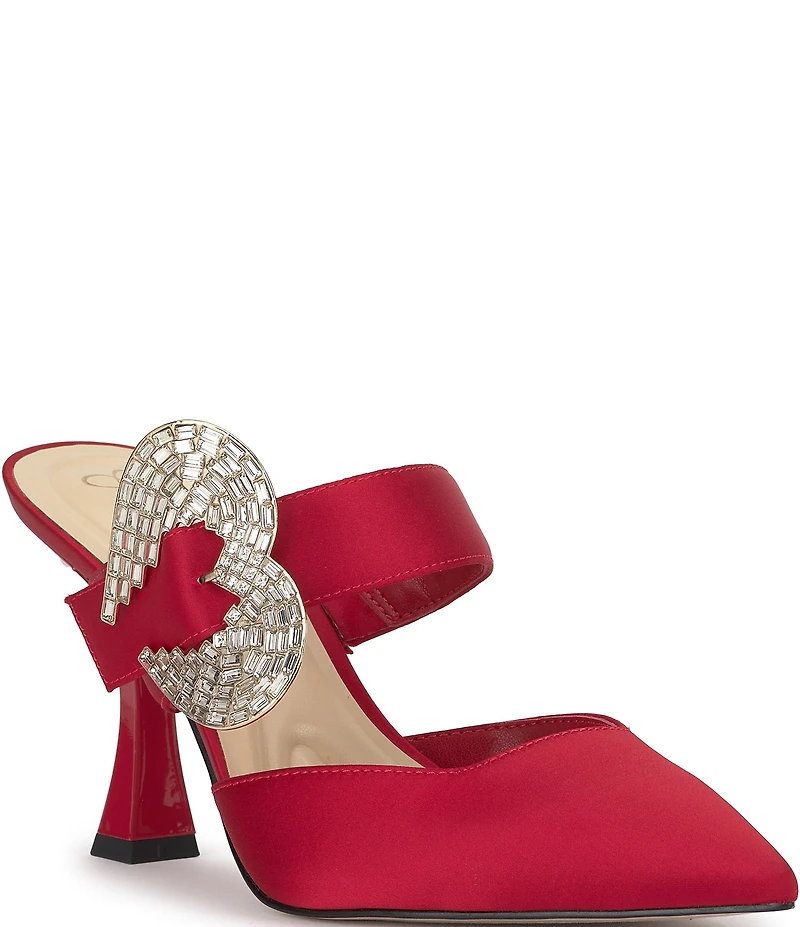 Jessica Simpson Favica Satin Embellished Heart Buckle Dress Mules
