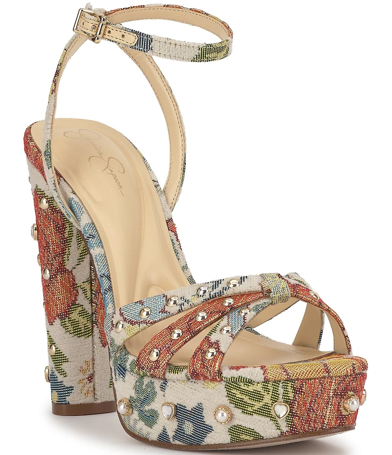 Jessica Simpson Ilaria Studded Floral Brocade Pearl Embellished Caged Platform Sandals
