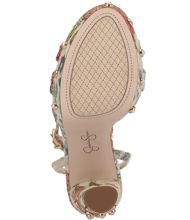 Jessica Simpson Ilaria Studded Floral Brocade Pearl Embellished Caged Platform Sandals