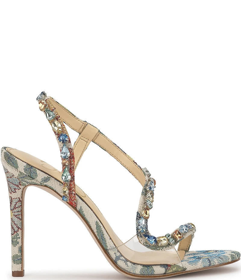 Jessica Simpson Jaycin Embellished Floral Brocade Asymmetrical Dress Sandals
