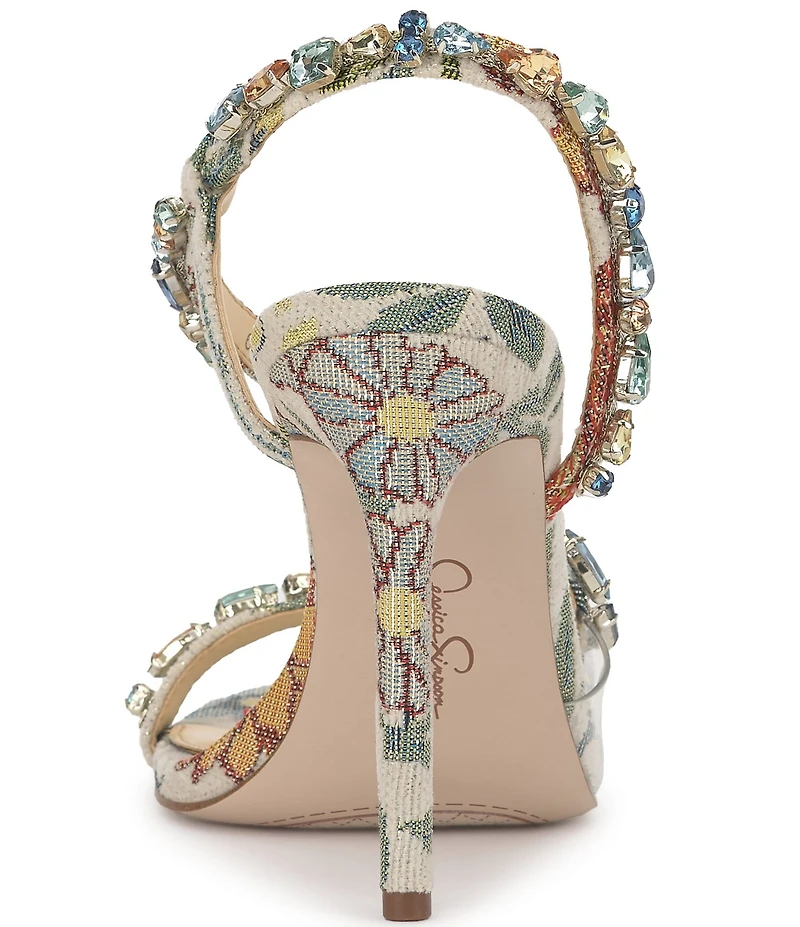 Jessica Simpson Jaycin Embellished Floral Brocade Asymmetrical Dress Sandals