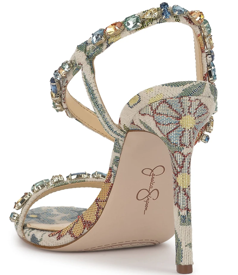 Jessica Simpson Jaycin Embellished Floral Brocade Asymmetrical Dress Sandals