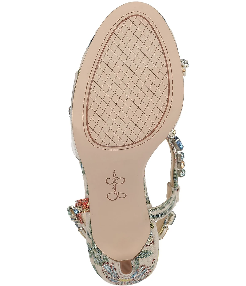 Jessica Simpson Jaycin Embellished Floral Brocade Asymmetrical Dress Sandals