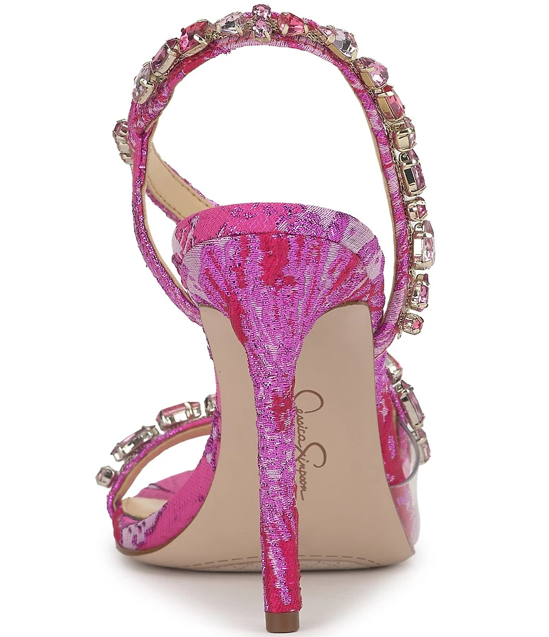 Jessica Simpson Jaycin Embellished Metallic Brocade Asymmetrical Dress Sandals