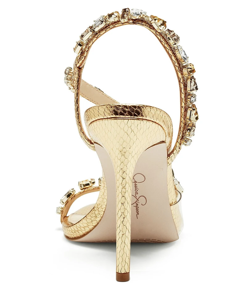 Jessica Simpson Jaycin Metallic Embossed Jewel Embellished Asymmetrical Dress Sandals