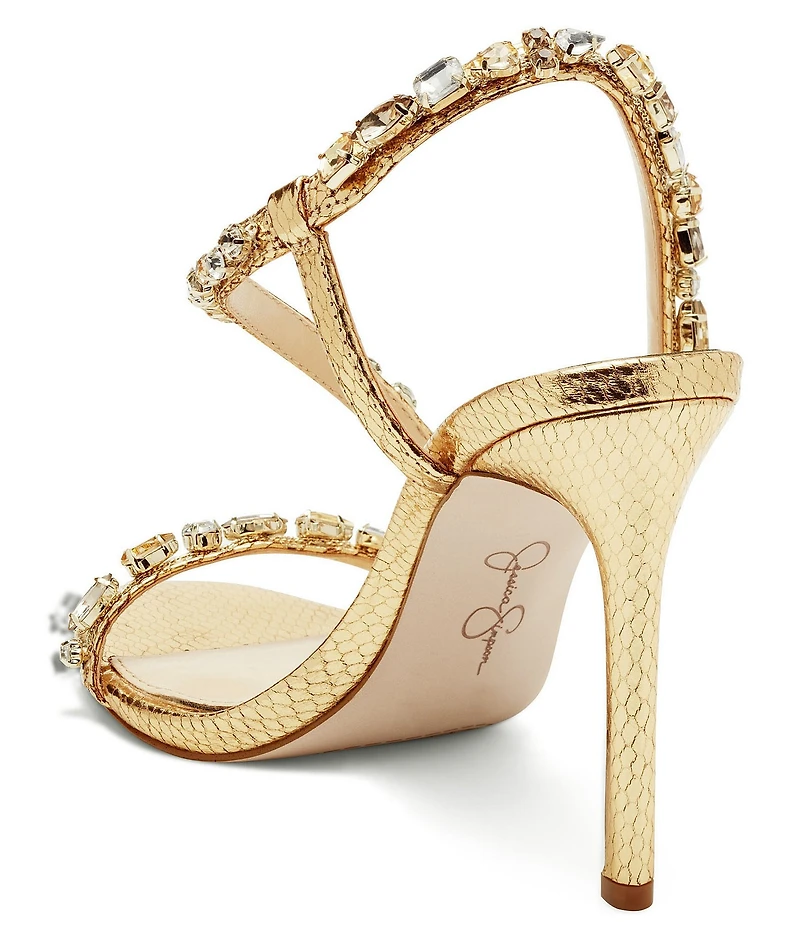 Jessica Simpson Jaycin Metallic Embossed Jewel Embellished Asymmetrical Dress Sandals