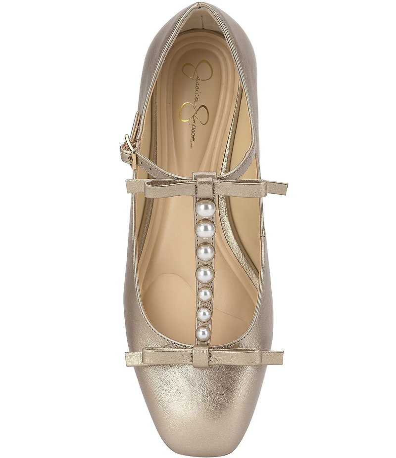 Jessica Simpson Jolliya Pearl Embellished Bow T-Strap Flats