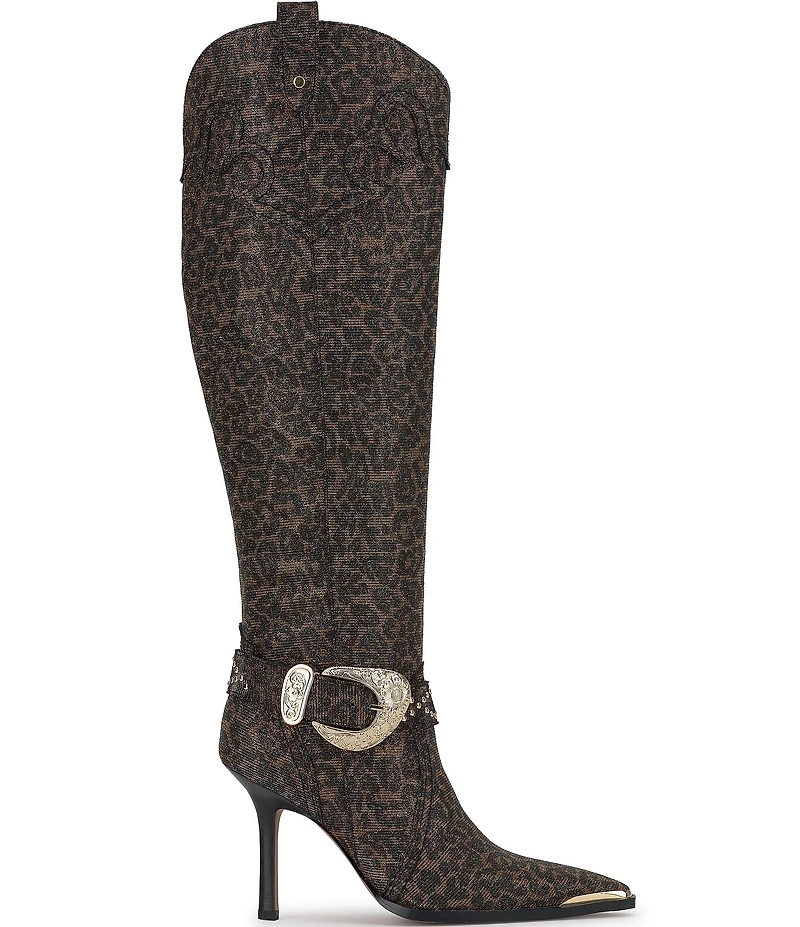 Jessica Simpson Kenzin Leopard Western Embellished Buckle Tall Boots