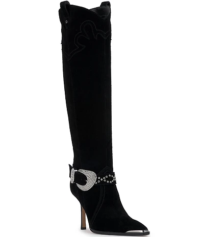 Jessica Simpson Kenzin Suede Western Embellished Buckle Tall Boots