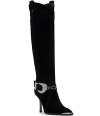 Jessica Simpson Kenzin Suede Western Embellished Buckle Tall Boots