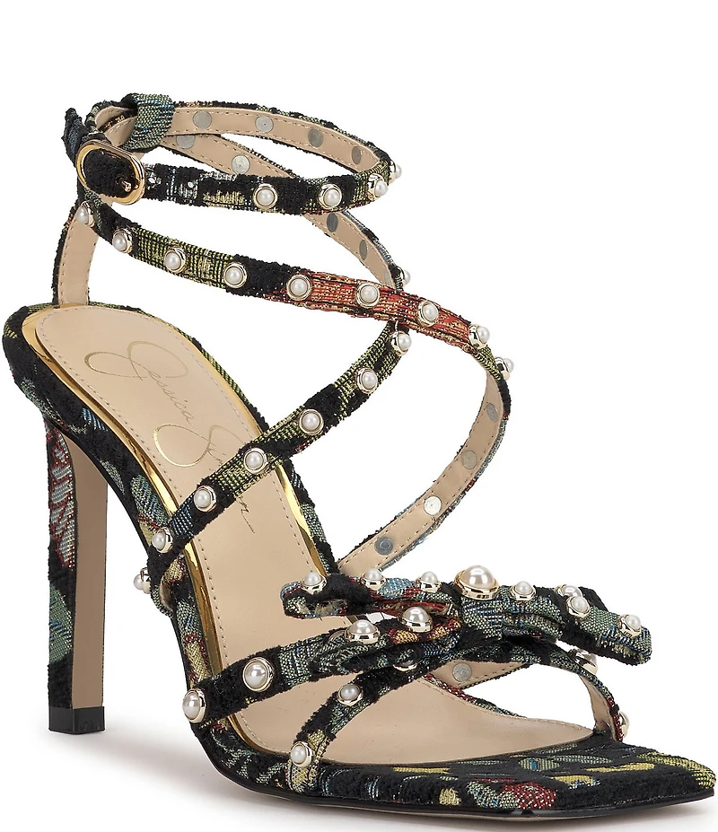 Jessica Simpson Loelva Floral Print Pearl Studded Strap Bow Dress Sandals
