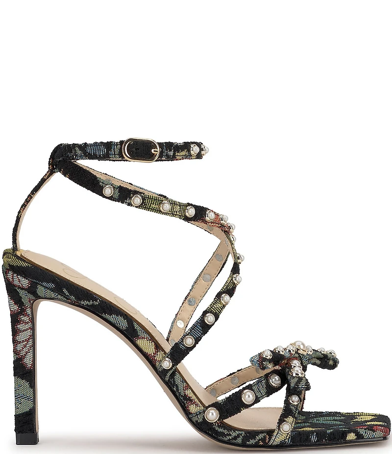 Jessica Simpson Loelva Floral Print Pearl Studded Strap Bow Dress Sandals