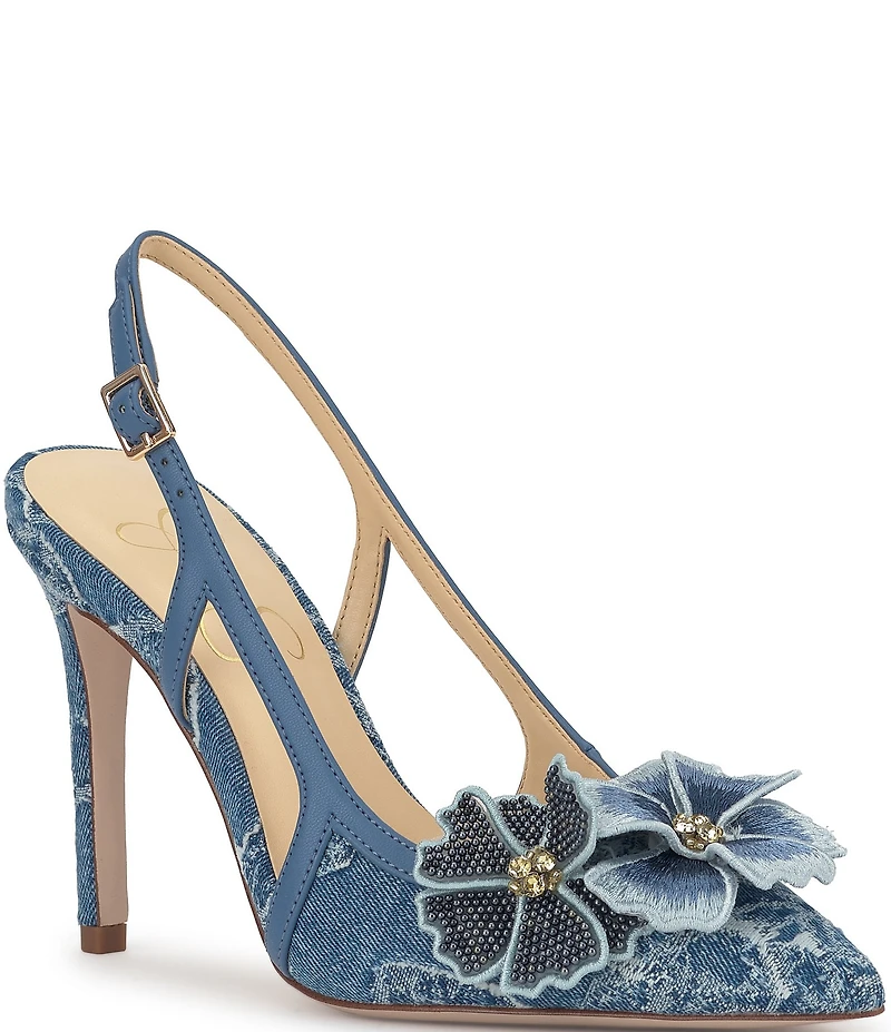 Jessica Simpson Pilitia Denim 3-D Flower Embellished Slingback Pumps