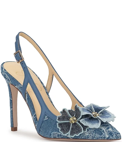 Jessica Simpson Pilitia Denim 3-D Flower Embellished Slingback Pumps