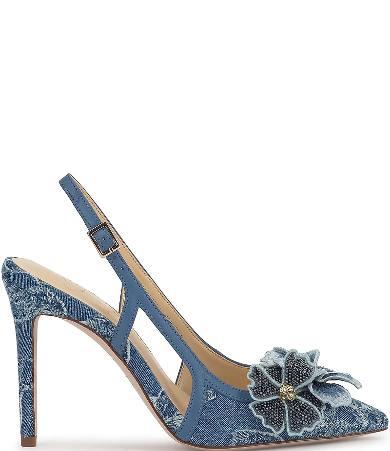 Jessica Simpson Pilitia Denim 3-D Flower Embellished Slingback Pumps