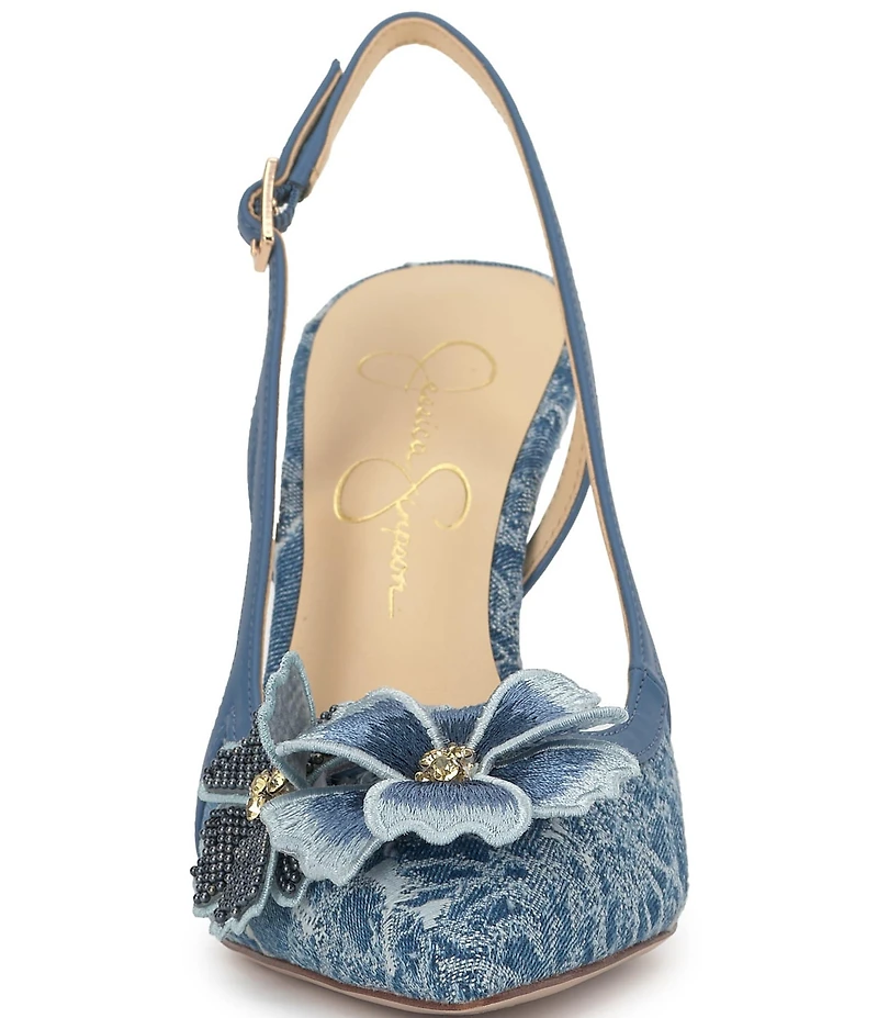 Jessica Simpson Pilitia Denim 3-D Flower Embellished Slingback Pumps