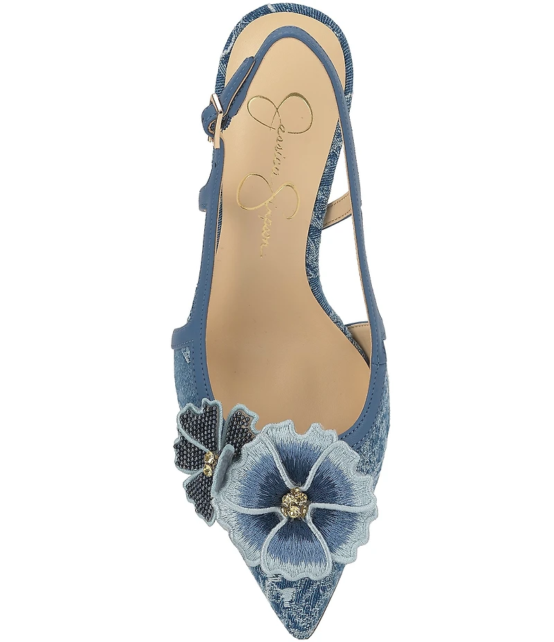 Jessica Simpson Pilitia Denim 3-D Flower Embellished Slingback Pumps