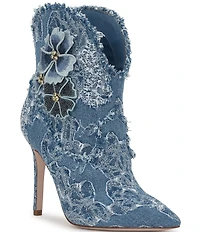 Jessica Simpson Plitee Denim 3-D Flower Embellished Western Booties
