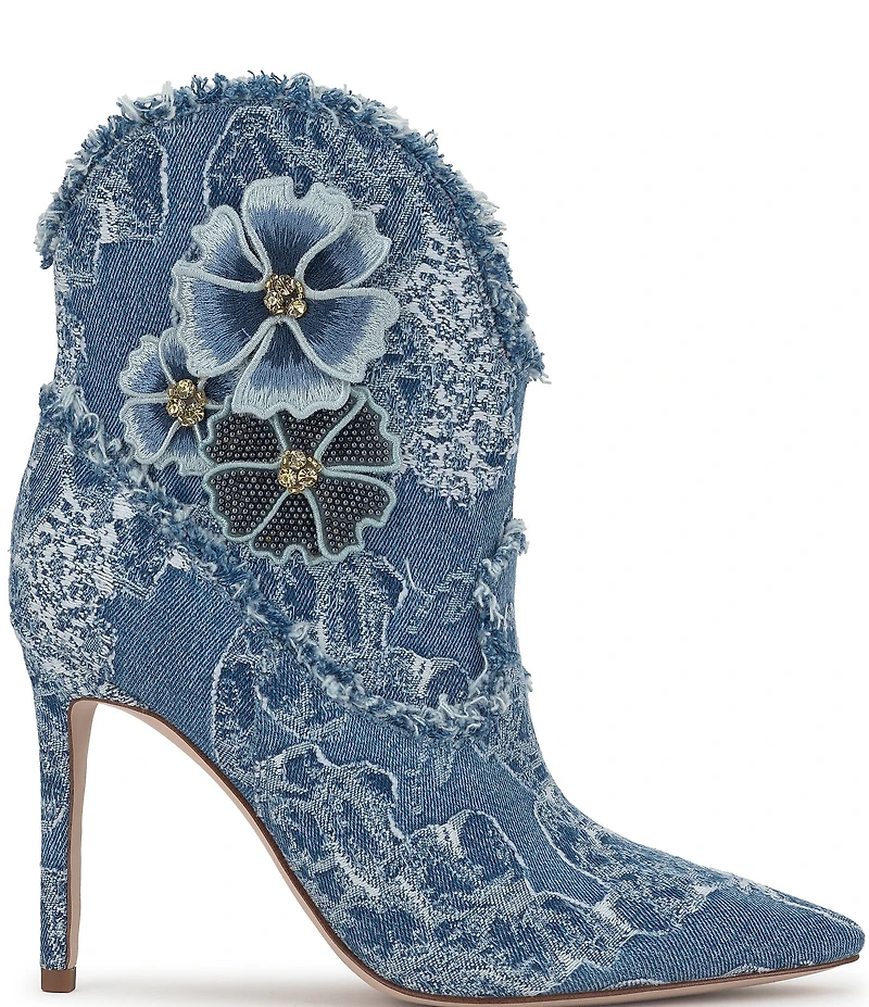 Jessica Simpson Plitee Denim 3-D Flower Embellished Western Booties