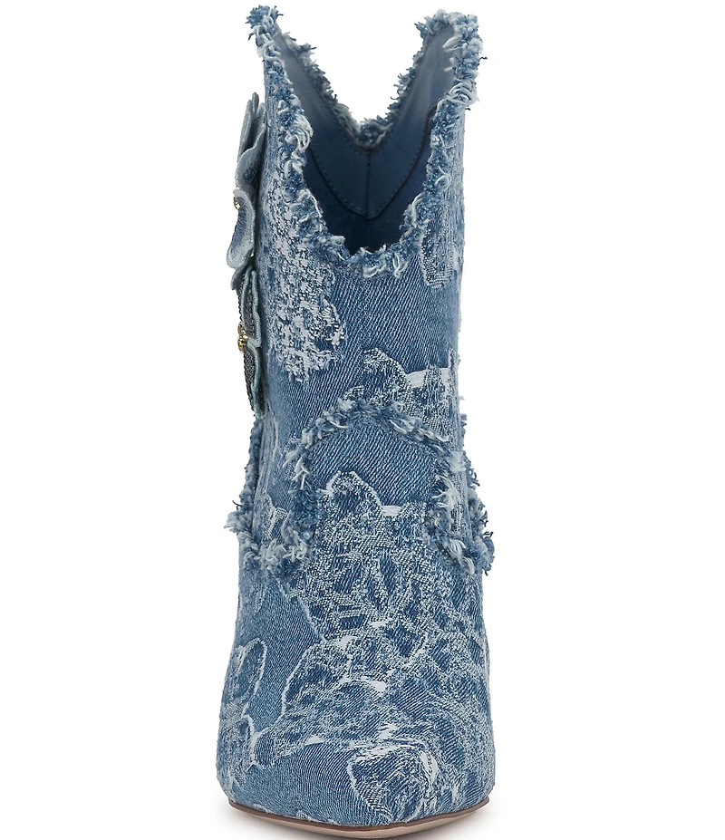 Jessica Simpson Plitee Denim 3-D Flower Embellished Western Booties