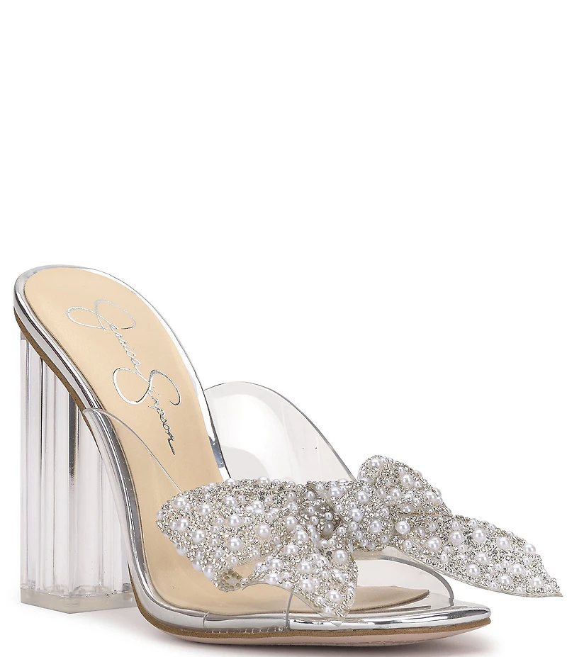 Jessica Simpson Saidah Pearl and Rhinestone Bow Clear Dress Slide Sandals