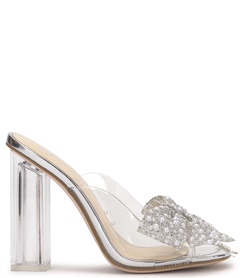 Jessica Simpson Saidah Pearl and Rhinestone Bow Clear Dress Slide Sandals