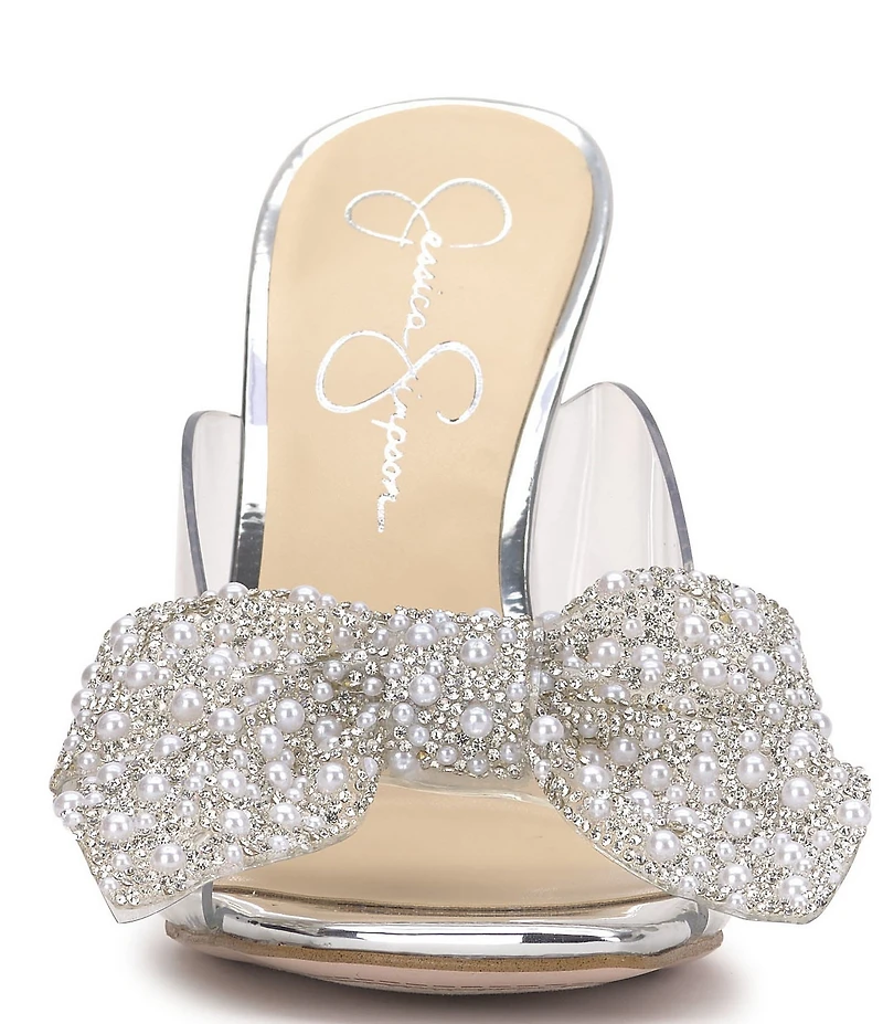 Jessica Simpson Saidah Pearl and Rhinestone Bow Clear Dress Slide Sandals