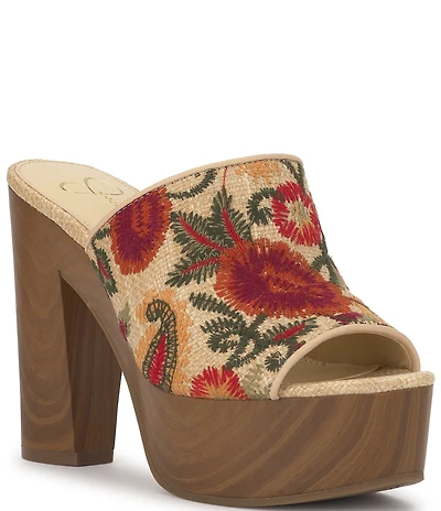 Jessica Simpson Shelbie Embroidered Raffia Block Heel Platform Slide Sandals