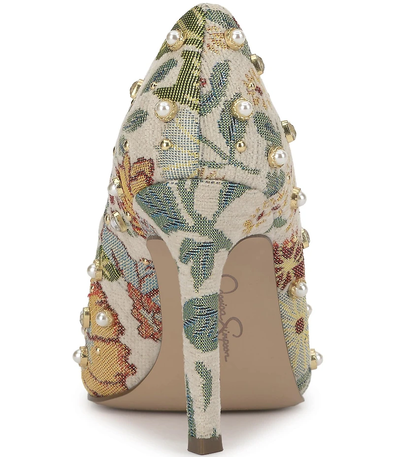 Jessica Simpson Welica Studded Floral Brocade Pearl Embellished Pumps