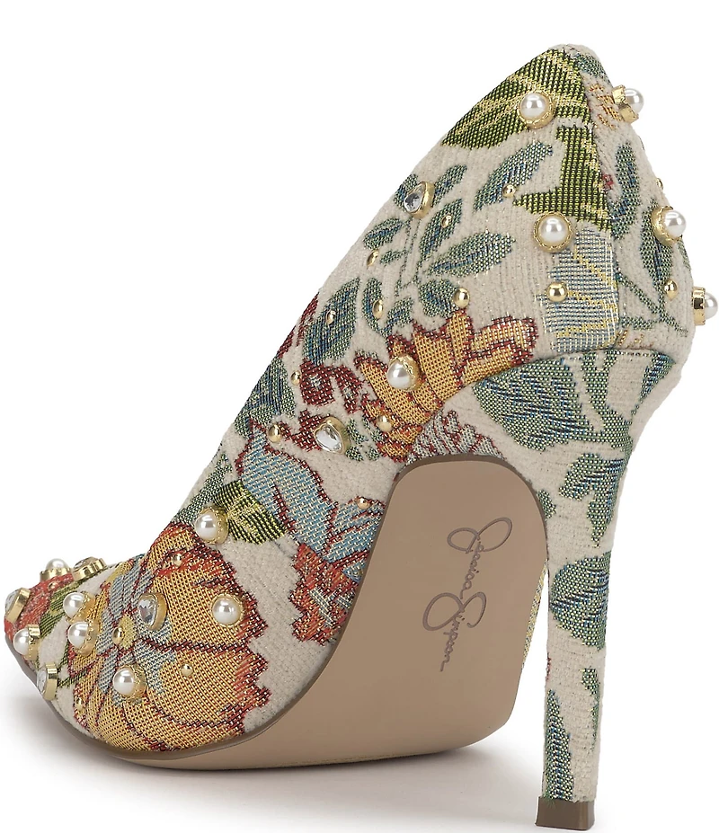 Jessica Simpson Welica Studded Floral Brocade Pearl Embellished Pumps