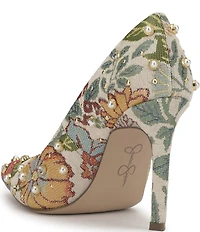 Jessica Simpson Welica Studded Floral Brocade Pearl Embellished Pumps