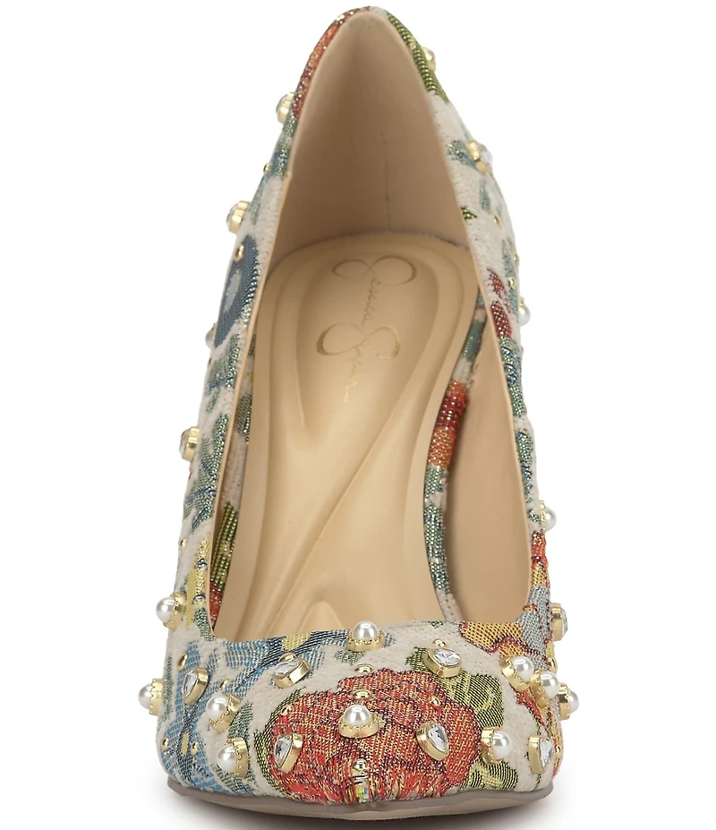 Jessica Simpson Welica Studded Floral Brocade Pearl Embellished Pumps