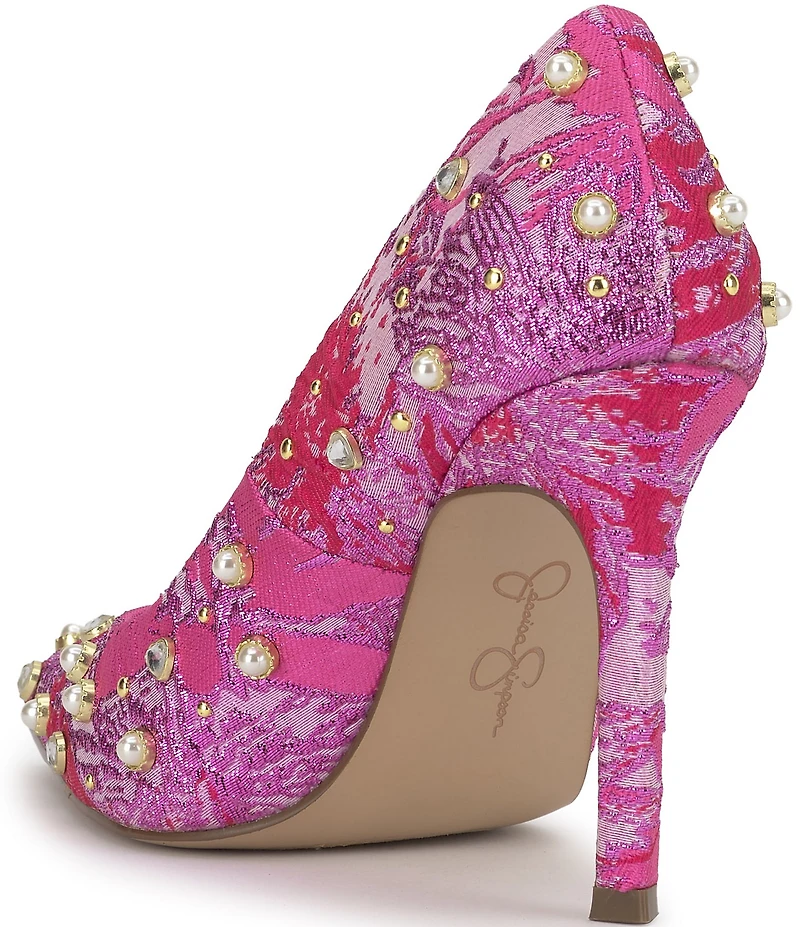 Jessica Simpson Welica Studded Metallic Brocade Pearl Embellished Pumps