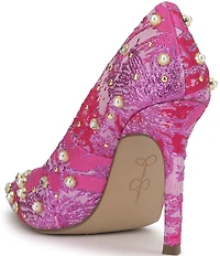 Jessica Simpson Welica Studded Metallic Brocade Pearl Embellished Pumps