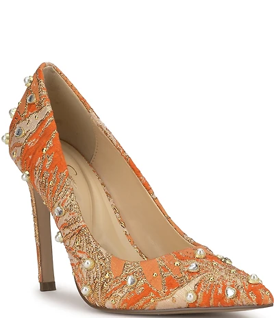 Jessica Simpson Welica Studded Metallic Brocade Pearl Embellished Pumps