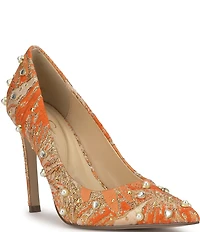 Jessica Simpson Welica Studded Metallic Brocade Pearl Embellished Pumps